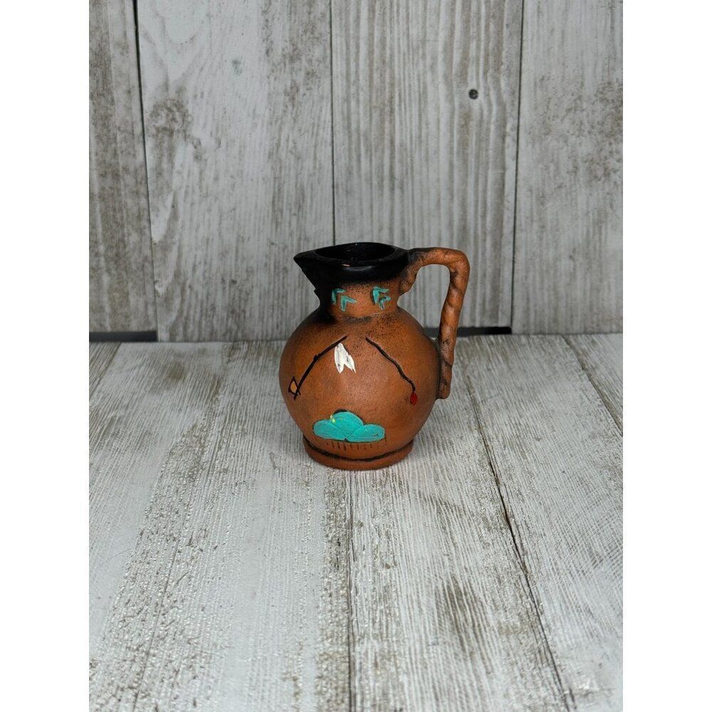 Vintage Hand-Painted Dobe Of Arizona Native American Tribal Pottery Mini Pitcher